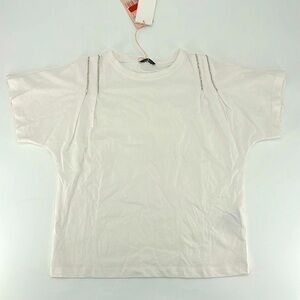 NWT Motivi white crewneck t-shirt rhinestone details on shoulders size small